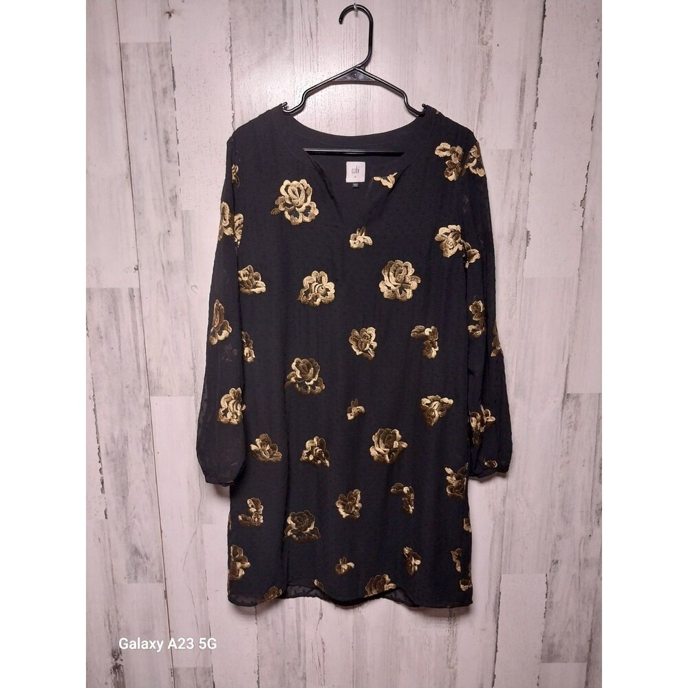 Cabi The Occasion Dress Black Gold Floral Embroidered Swiss Dot Shift Size M